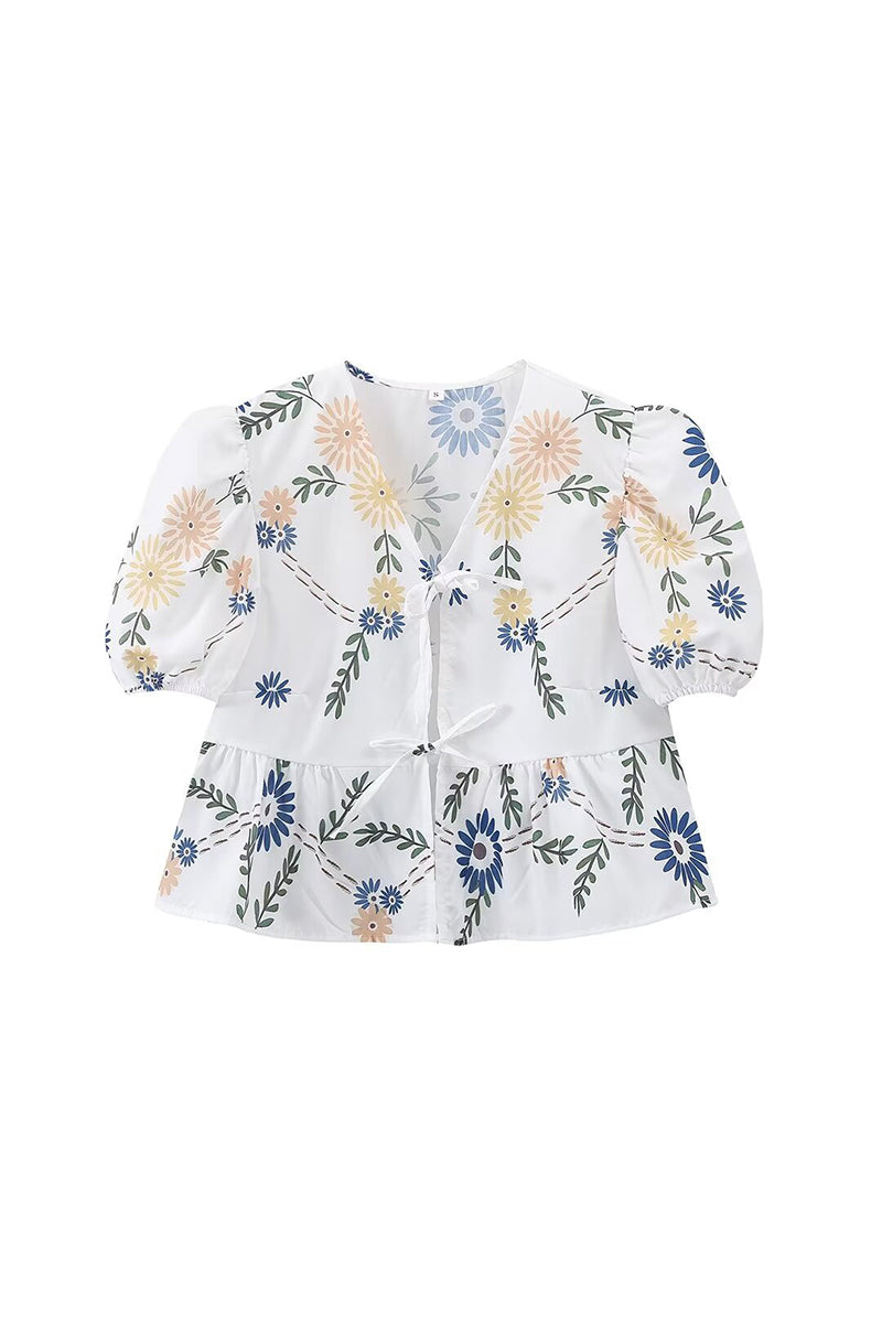 Not Positioning Printed Flowers Frenulum V Neck Blouses