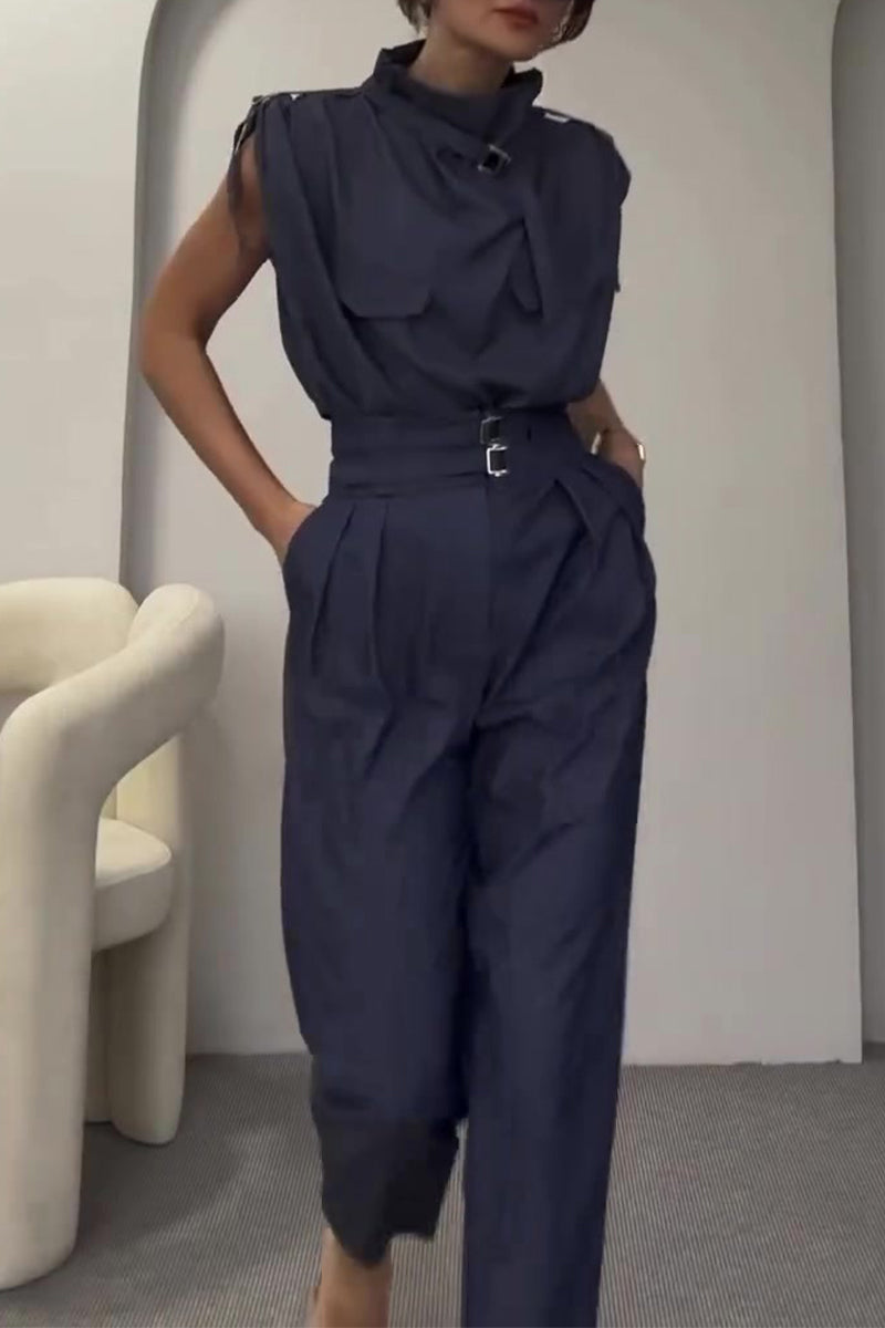 Street Patchwork Turtleneck Regular Jumpsuits