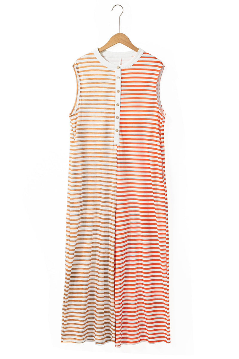 Striped Pocket Contrast O Neck Loose Jumpsuits