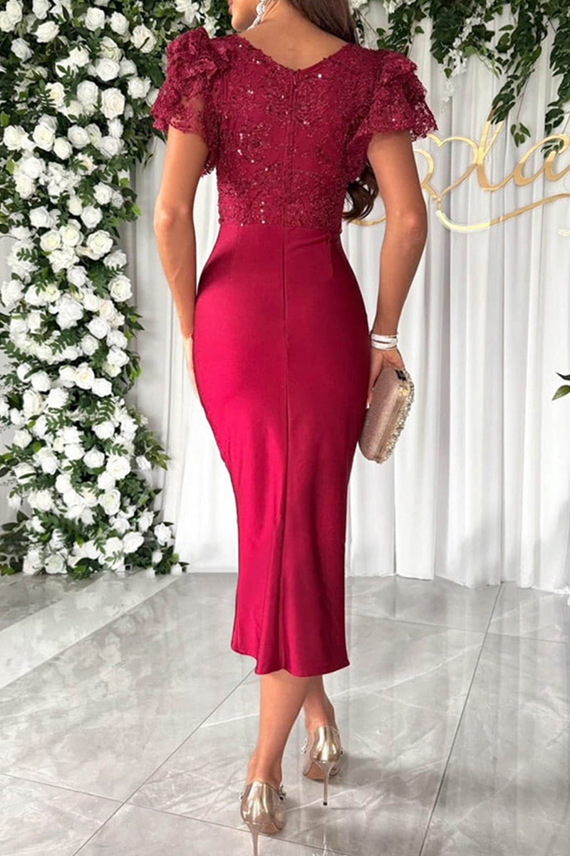 Celebrities Sequins Fold V Neck Wrapped Skirt Dresses