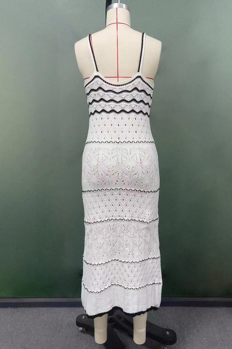 Hollowed Out Contrast Weave V Neck One Step Skirt Dresses
