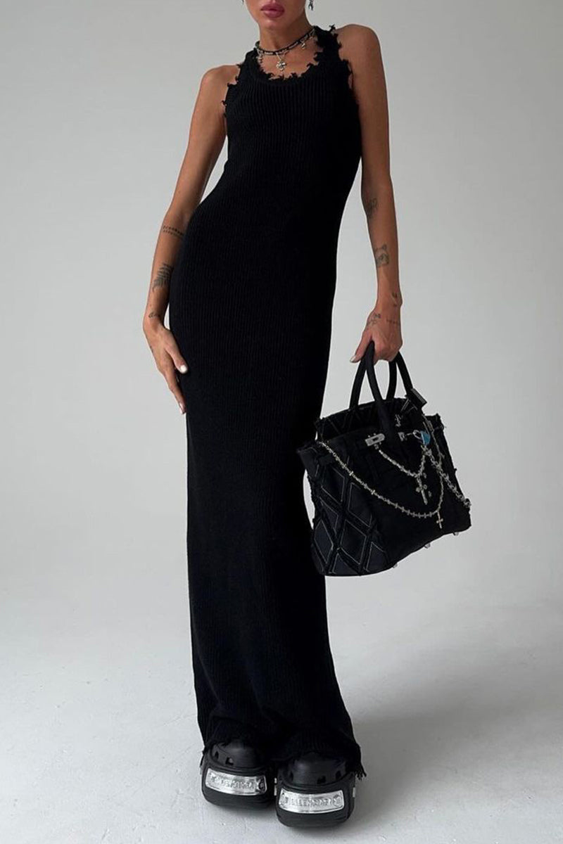 Simplicity Ripped O Neck One Step Skirt Dresses