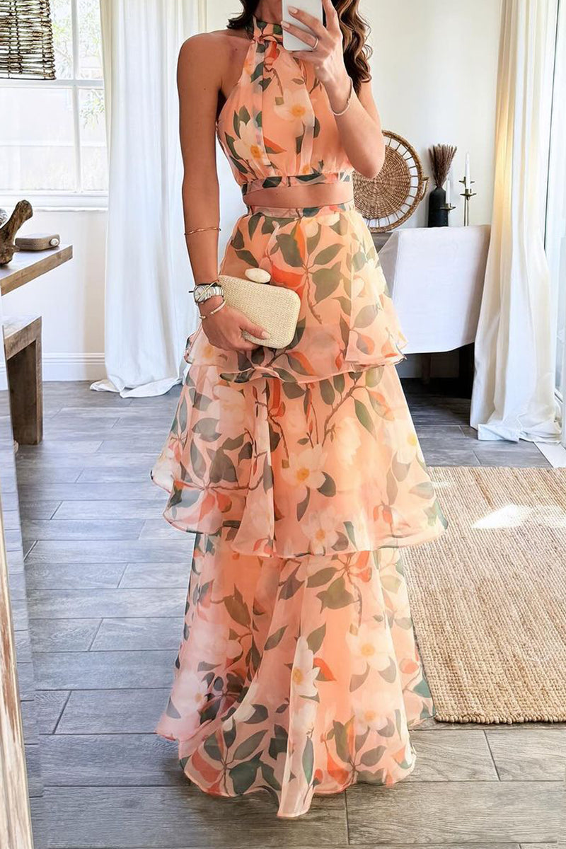 College Gradual Change Tie-dye Halter Cake Skirt Dresses