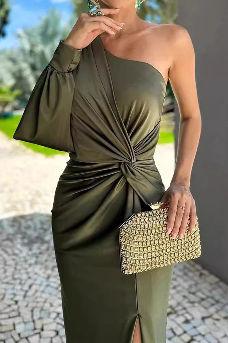 Color Slit Ruched Knotted Sloping Shoulder Long Dresses