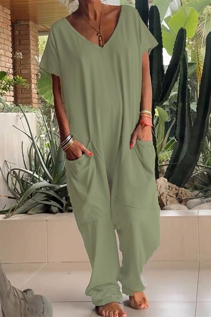 Daily Color Pocket V Neck Loose Jumpsuits(8 Colors)