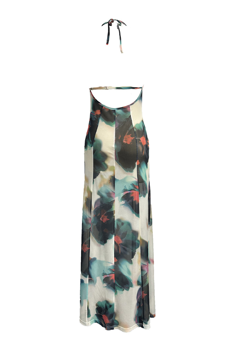 Print Lace Up Backless Halter One Step Skirt Dresses
