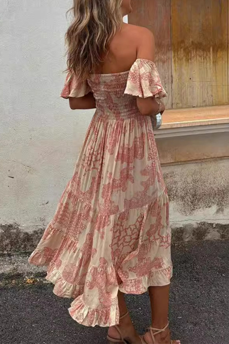 Print Patchwork Ruffle Off Shoulder Cake Skirt Dresses