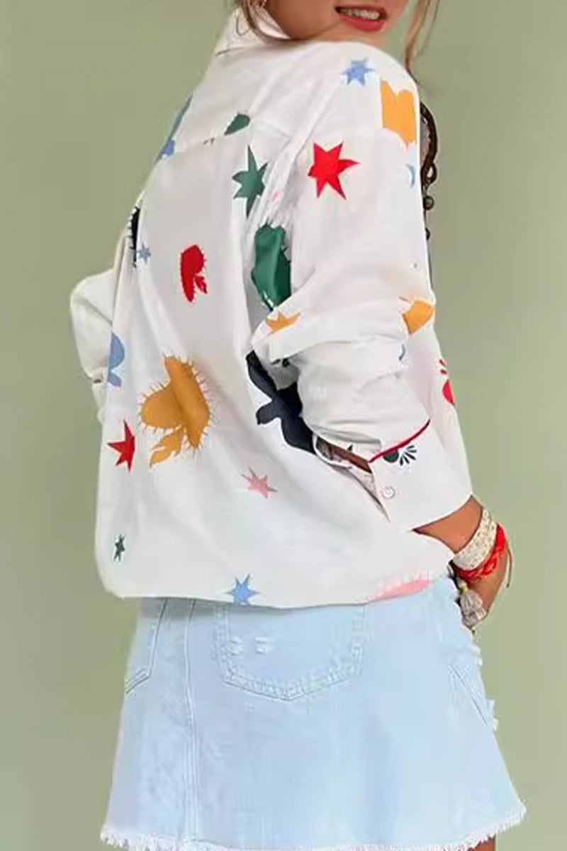 Daily Graffiti Print Buttons Turndown Collar Blouses