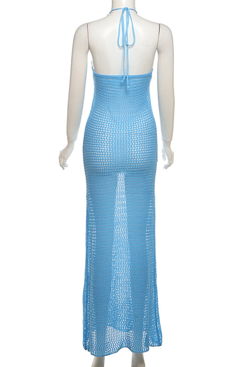 Flowers Hollow Out Patchwork Backless Strap Design Halter Long Dresses(3 Colors)