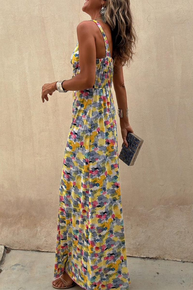 Geometric Print Contrast V Neck One Step Skirt Dresses