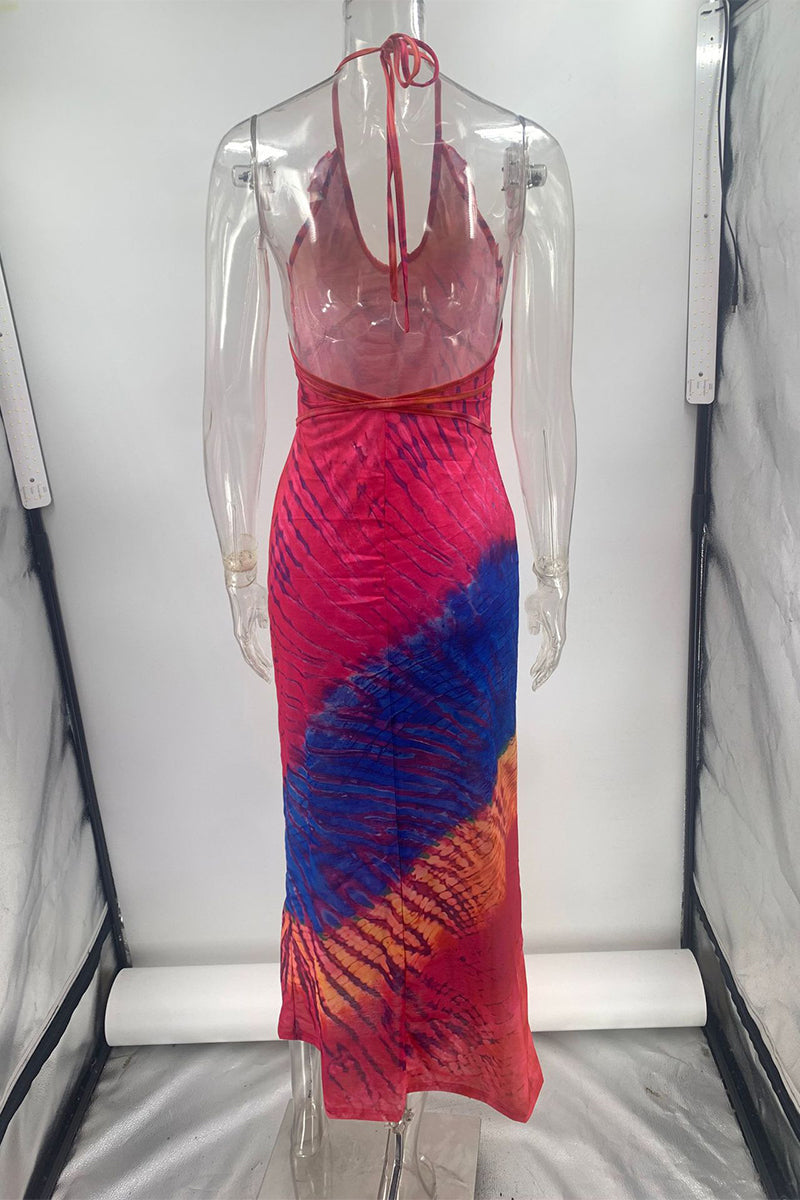Vacation Gradient Print Backless Ruffle V Neck One Step Skirt Dresses