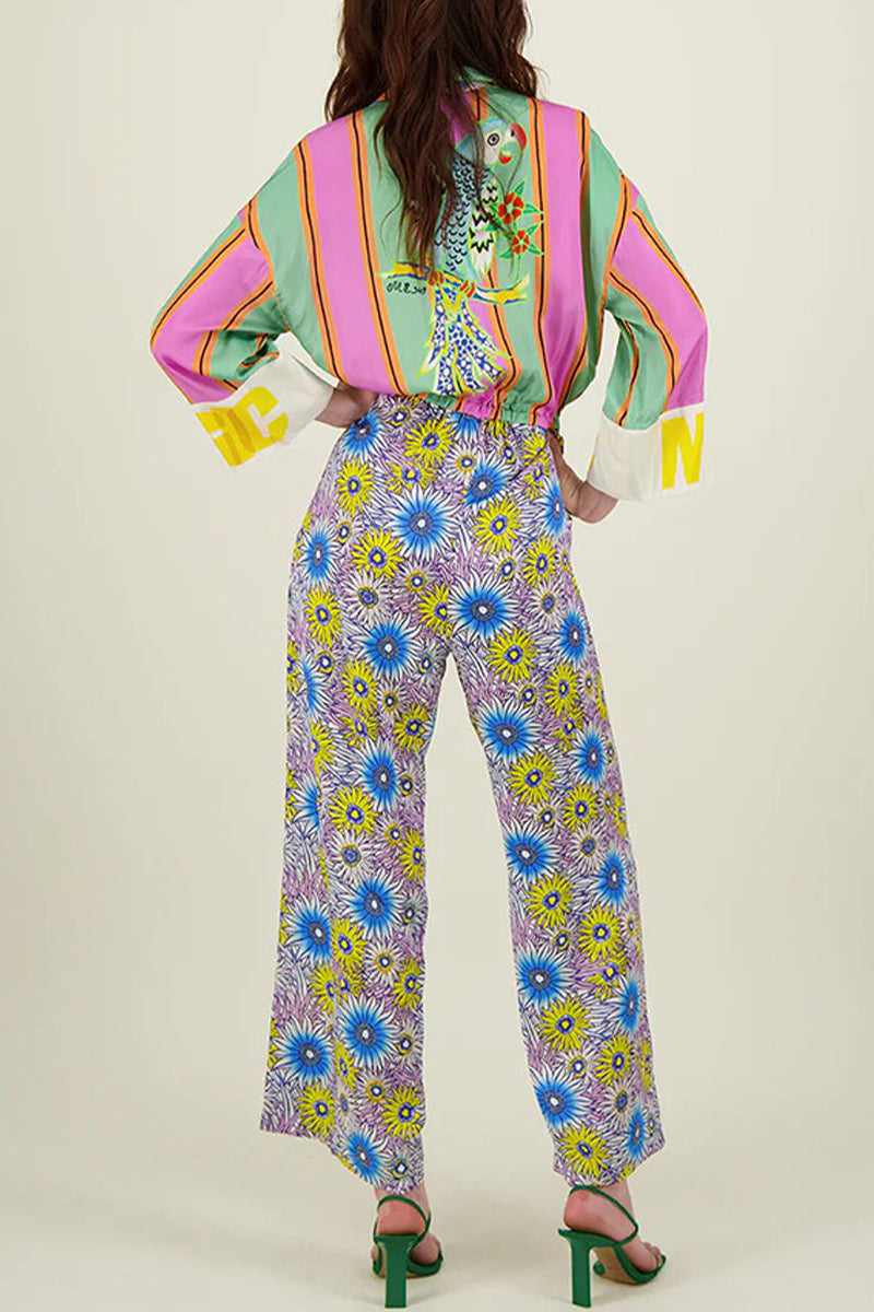 Street Striped Print Flowers Pocket Lace Up Buttons Turndown Collar Loose Jumpsuits