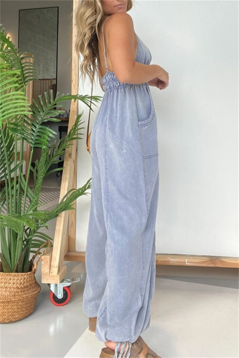 Patchwork Backless Spaghetti Strap Fitted Jumpsuits(5 Colors)