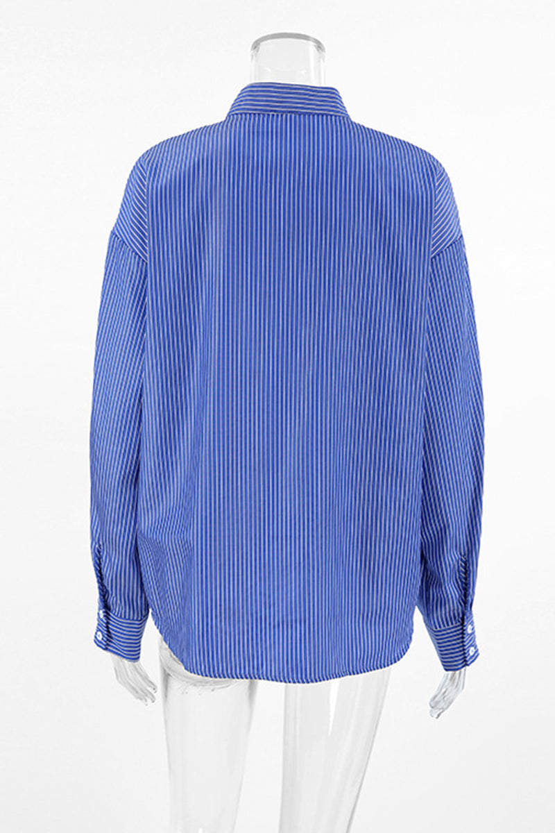 Street Striped Print Buttons Turndown Collar Blouses