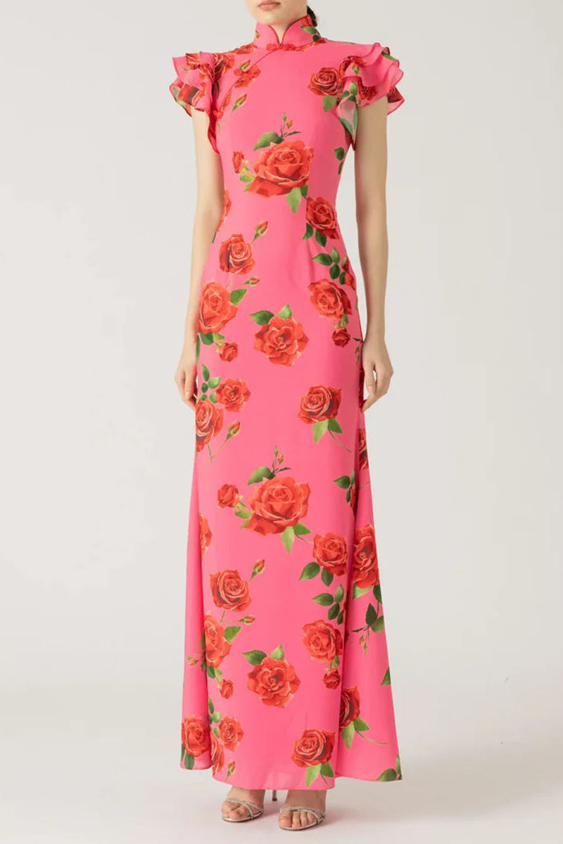 Daily Flowers Buttons Ruffle Mandarin Collar One Step Skirt Dresses