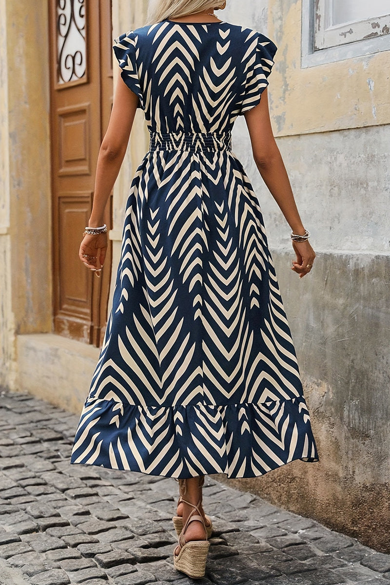 Vacation Striped Print Patchwork V Neck Waist Skirt Dresses