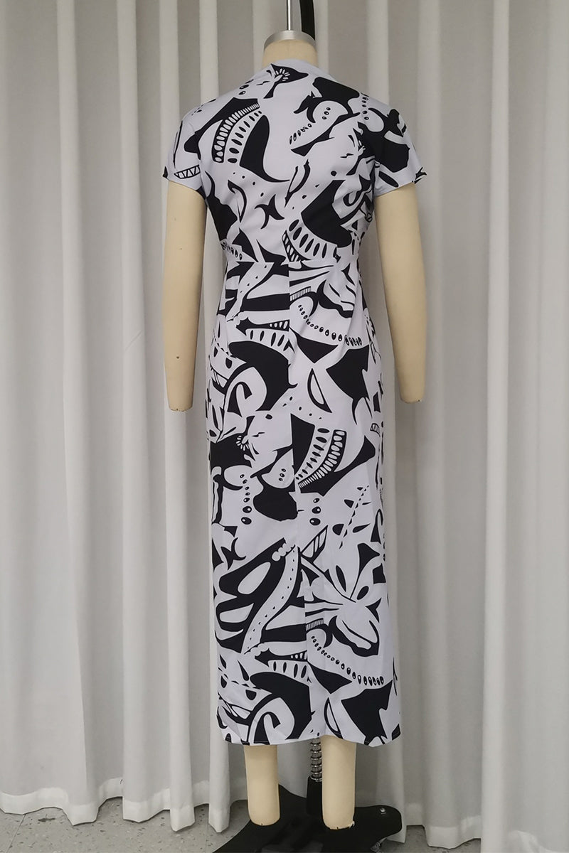 Street Geometric Print Slit V Neck One Step Skirt Dresses