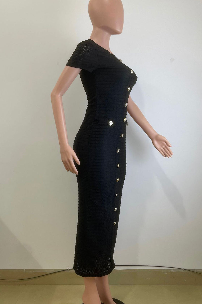 Buttons Patchwork O Neck Long Dresses