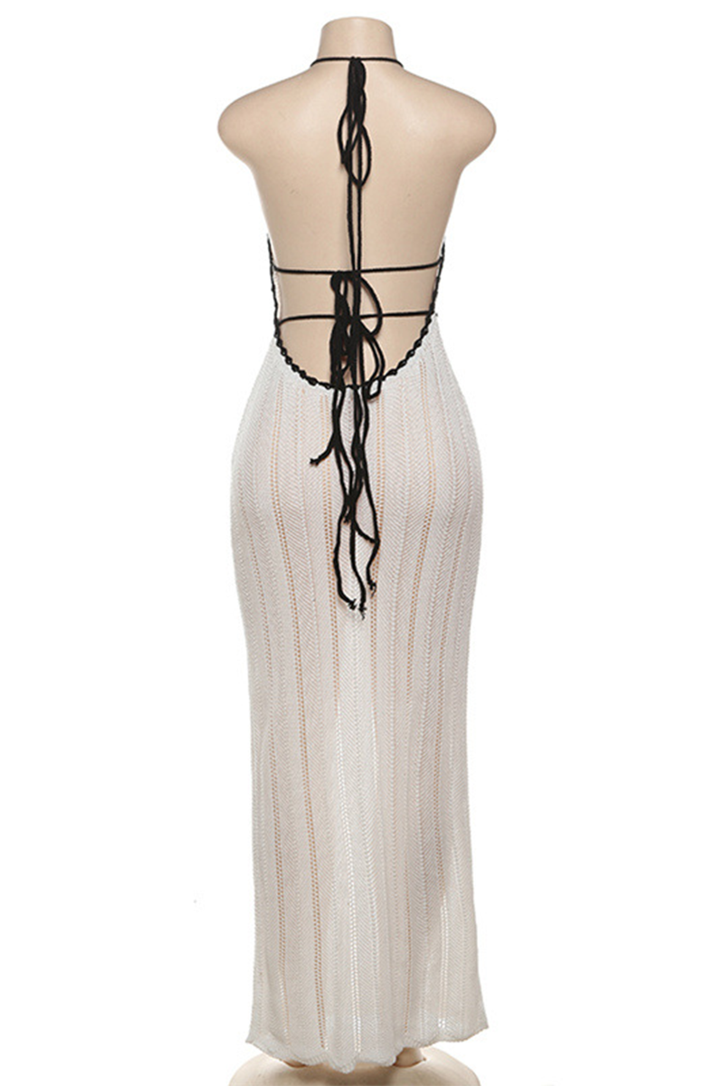 Street Stripe Lace Up Backless Weave Halter One Step Skirt Dresses