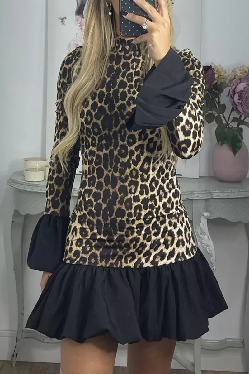 Street Leopard Patchwork Ruffle Half a Turtleneck Mini Dresses