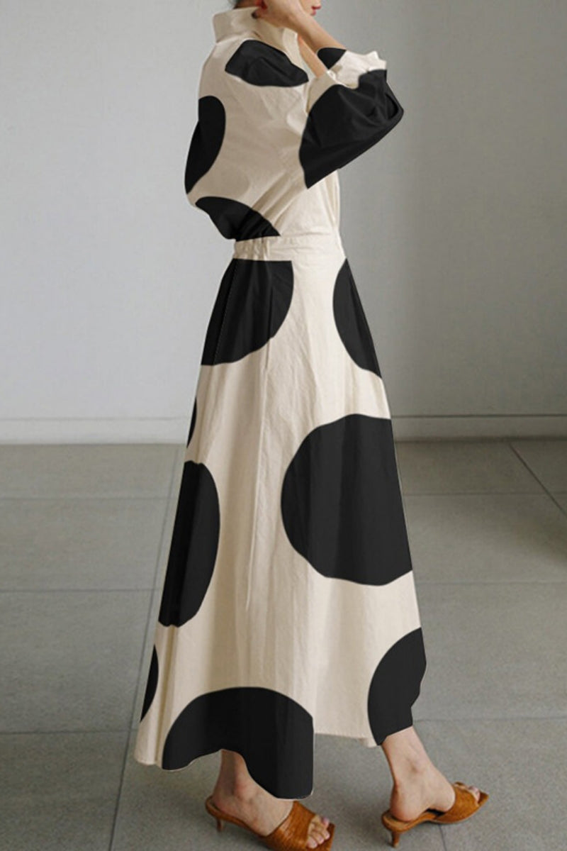 Print Buttons Turndown Collar Long Dresses