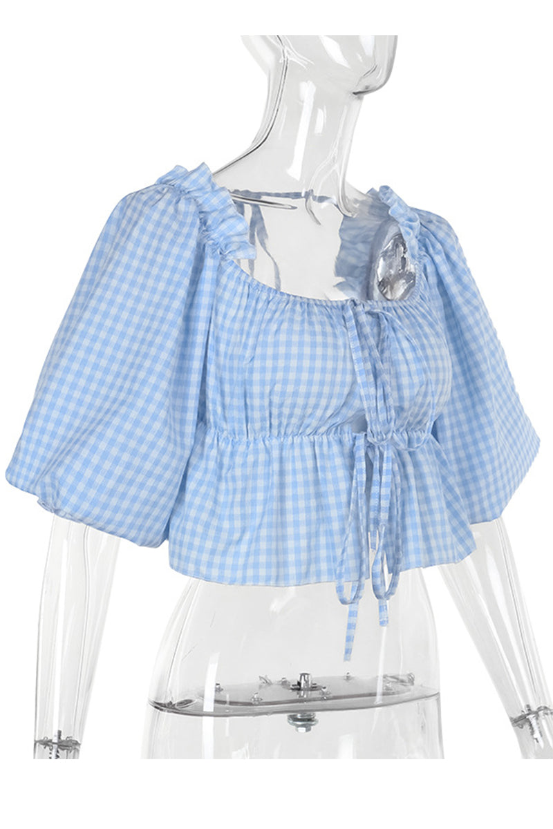 Daily Plaid Lace Up Patchwork Blouses