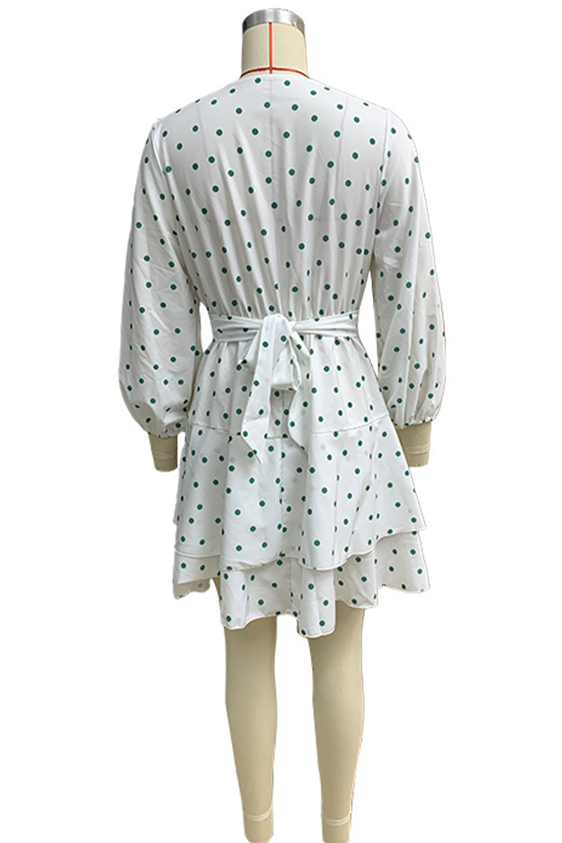 Street Polka Dot Lace Up V Neck Cake Skirt Dresses
