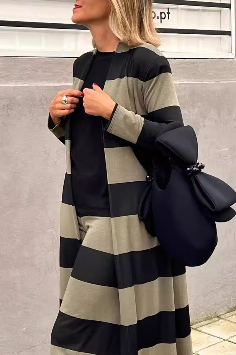 Street Stripe Patchwork Contrast Cardigan Collar Long Sleeve Two Pieces