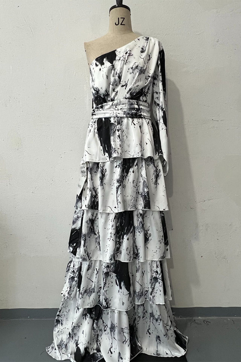 Print Ruffle Sloping Shoulder Long Dresses