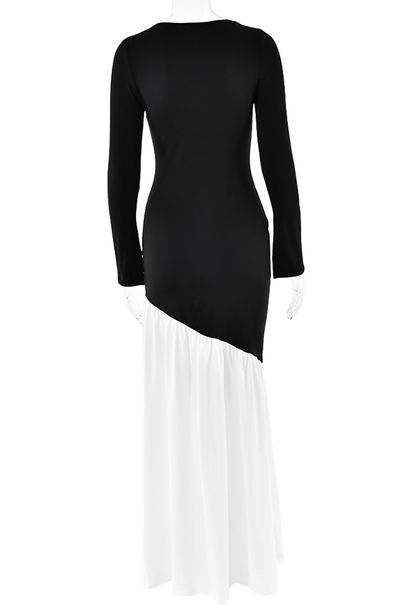 Ruched Contrast O Neck Long Dresses