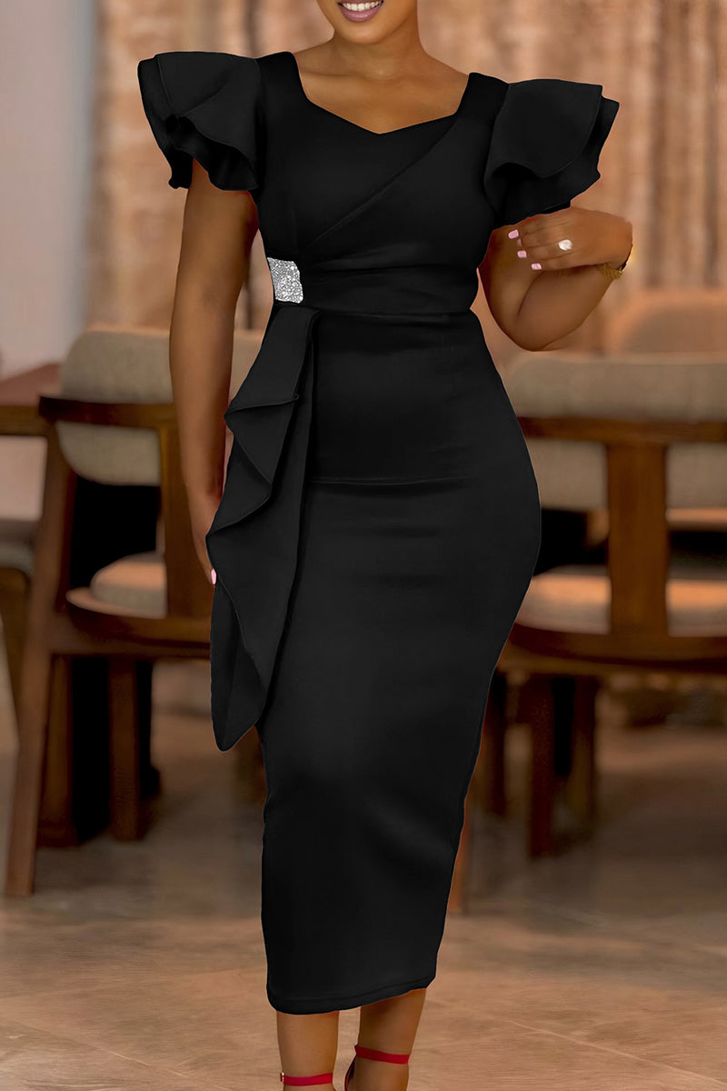 Patchwork Ruffled Trim Asymmetrical Collar Wrapped Skirt Dresses(4 Colors)