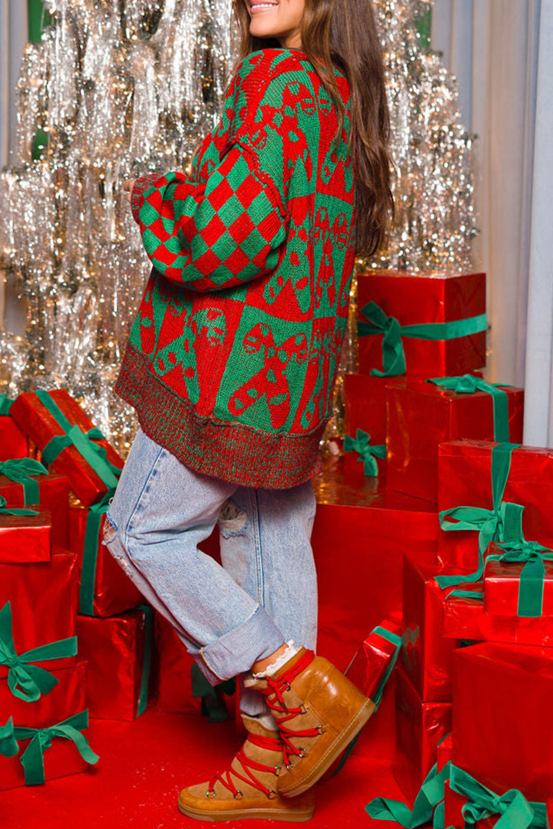 Party Plaid Candy Weave Contrast O Neck Sweaters