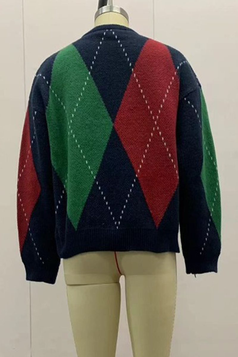 Street Rhombus Patchwork Contrast O Neck Sweaters(4 Colors)