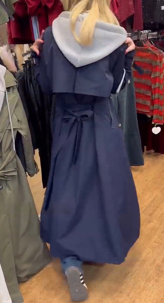 Hooded Lapel Fake Two-piece Long Trench Coat