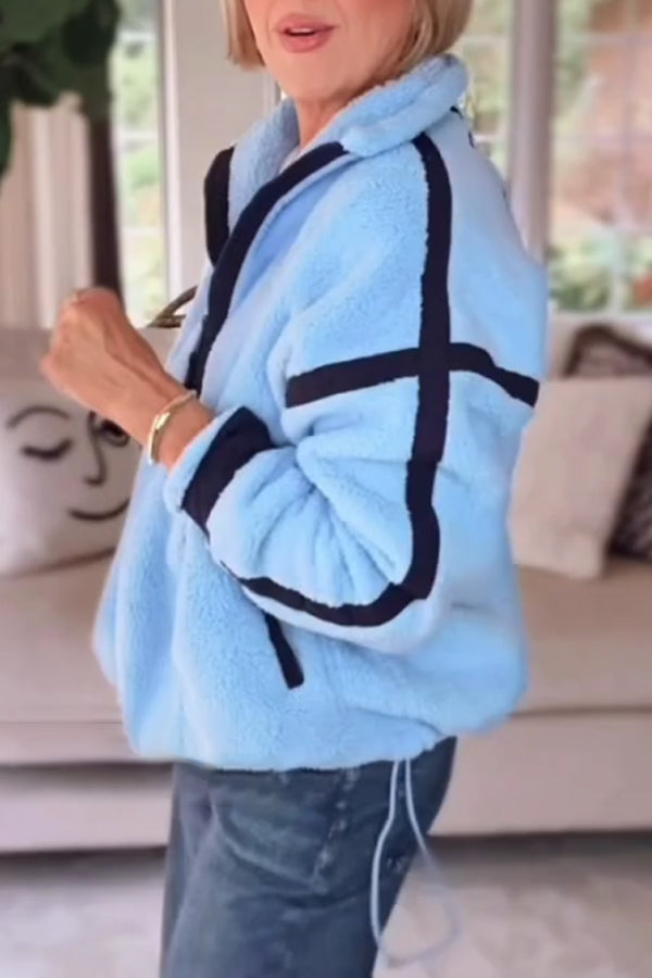 Contrast Color Stitching Zipper Half-placket Stand Collar Plush Sweatshirt