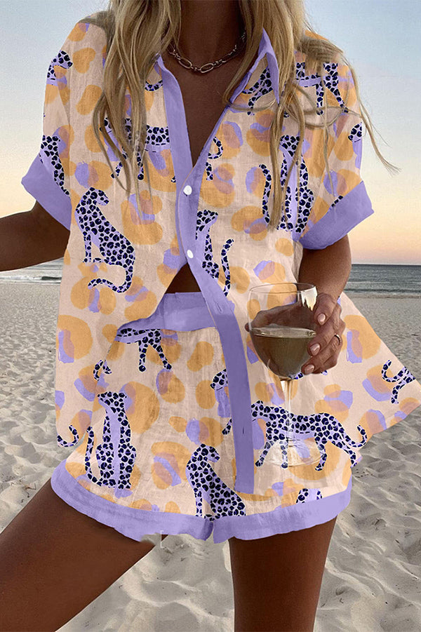 Snow Leopard Print Loose Button Elastic Waist Shorts Set