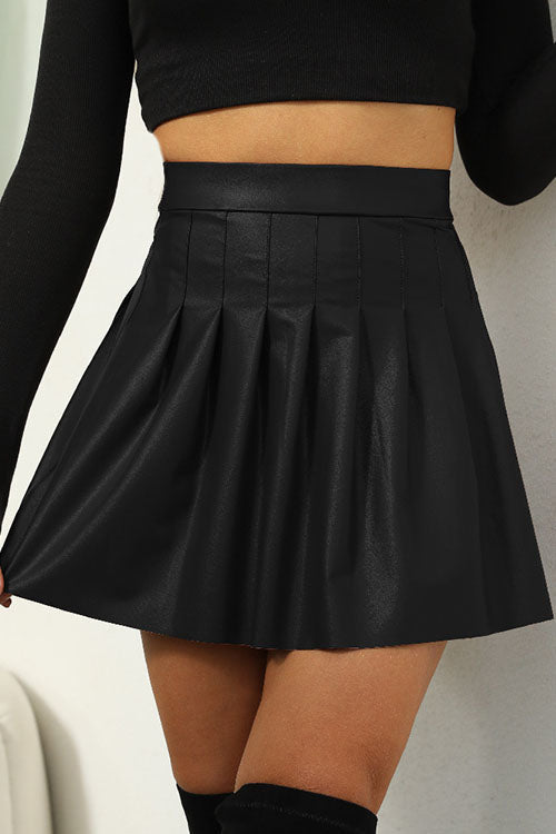 High Waist Faux Leather Pleated Mini Skirt