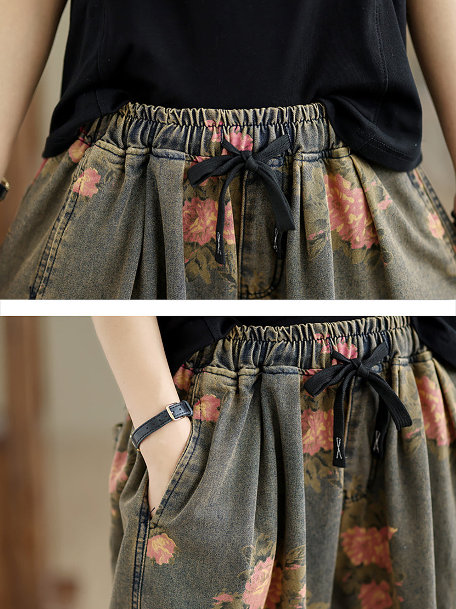 Summer Retro Flower Denim Loose Pants Ii1003
