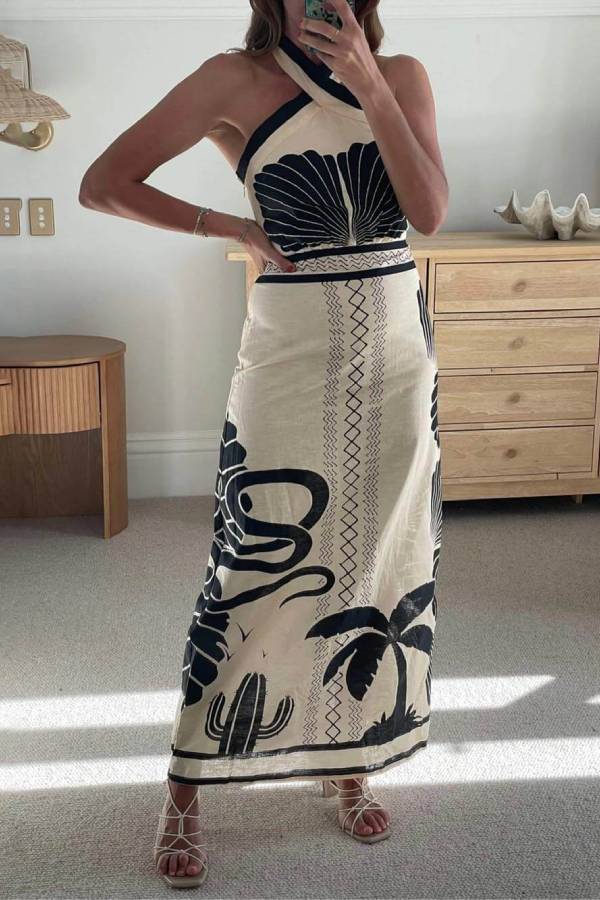 And Print Slim-fit Halter Neck Maxi Dress