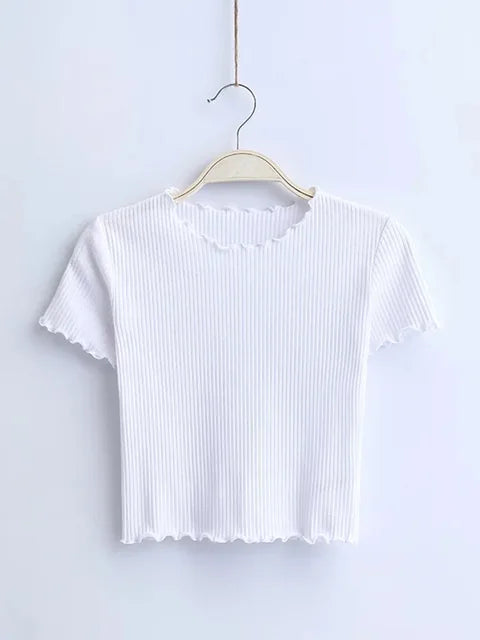 Wood Ears O Neck Short Sleeve T-shirt New Woman Slim Fit T Shirt Tight Tee Summer Retro Tops 6 Colors