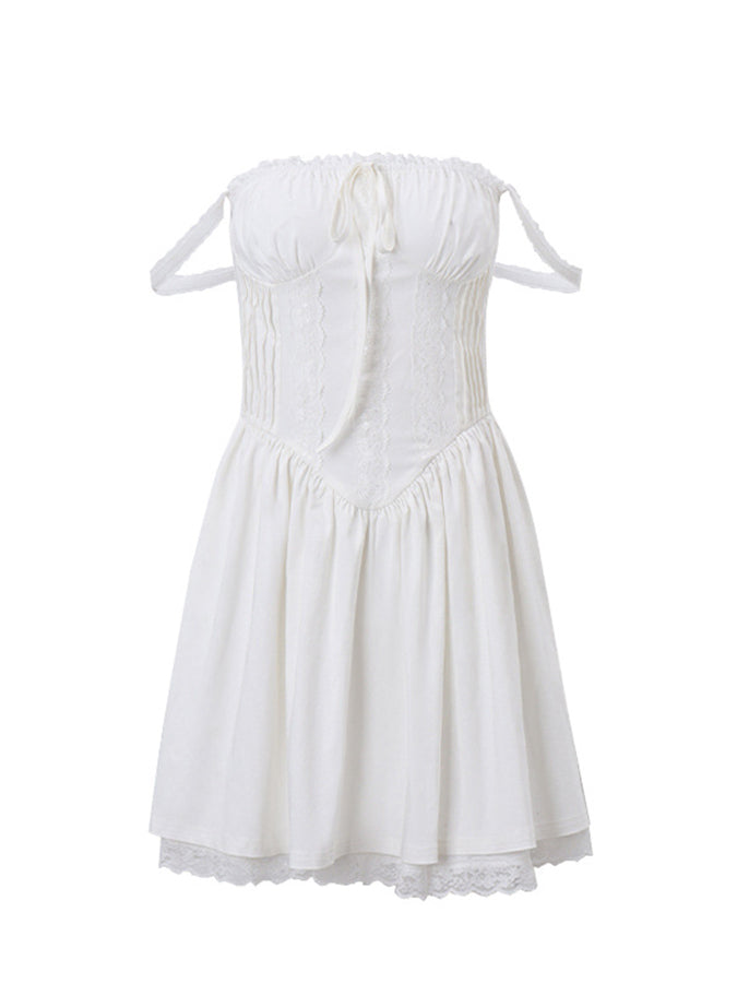 Resort Style French Lace-up Waist Pleated White Mini Dress