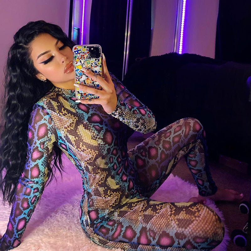 Summer Snake Pattern Long Sleeve Tight Jumpsuit One Piece Trousers