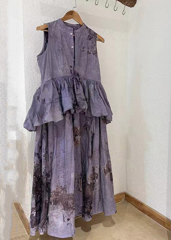 Purple O-neck Ruffled Patchwork Wrinkled Maxi Dresses Summer Tt1028