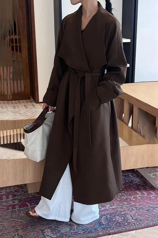 Korean Hepburn Lazy- Belted Waist-tie Long Overcoat