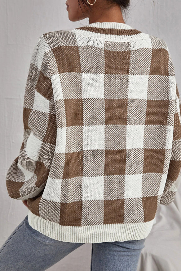 Plaid V-neck Loose Long Sleeve Knit Sweater