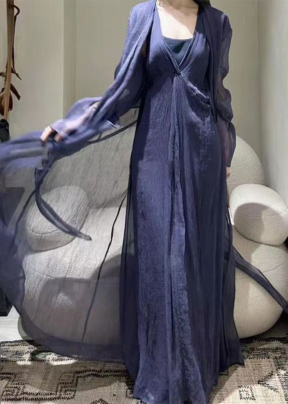 Style Dark Purple Patchwork Tie Waist Tulle Long Dresses Long Sleeve Tt1018