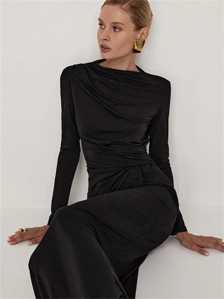 Pleated Slim Maxi Dress for High Waist Long Sleeve Bandage Autumn Dress Patchwork Long Dress