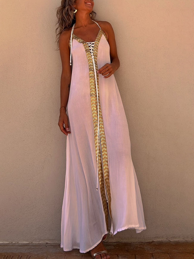 Paneled Sleeveless Lace-up Holiday Maxi Dress