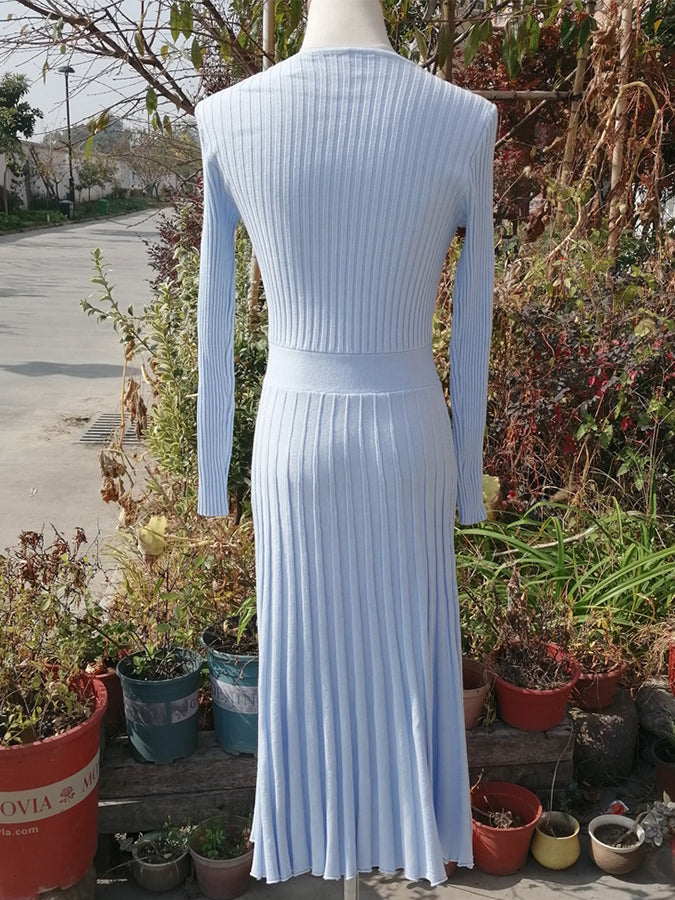 Knitted Long Sleeves V Neck Maxi Dress