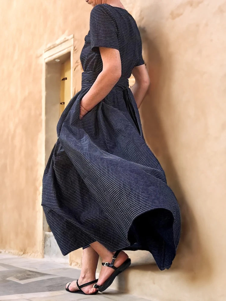 Stripes Short Sleeves Pockets Maxi Dress